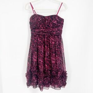 Y2K Vintage Hot Pink Oleg Casini Womens Size 4 Black Zebra 3D Floral Party Dress